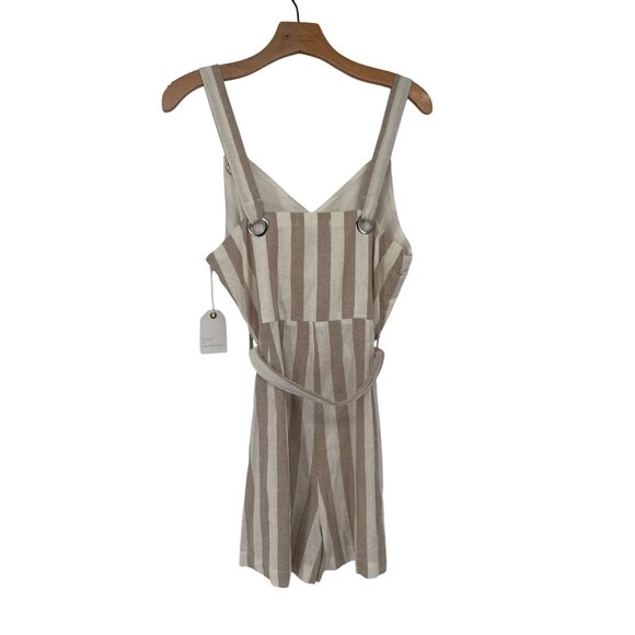 Coco + Jaimeson Striped Linen Blend Romper Tie Waist beige size large New - Picture 4 of 6